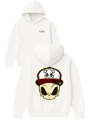 Vsrn Iskelet Şapkalı Tasarım Baskılı Oversize Beyaz Kapüşonlu Sweatshirt