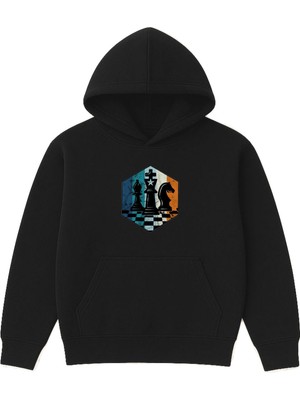 Vsrn Satranç Taşları Tasarım Baskılı Oversize Siyah Kapüşonlu Sweatshirt