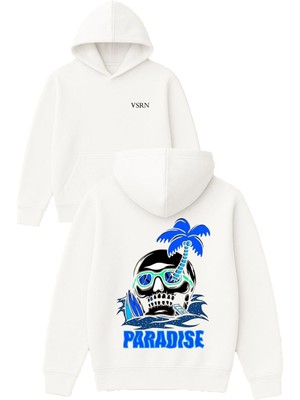 Vsrn Paradıse Tasarım Baskılı Oversize Beyaz Kapüşonlu Sweatshirt