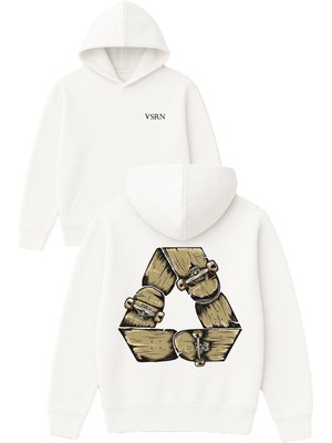 Vsrn Kaykay Geri Dönüşüm Tasarım Baskılı Oversize Beyaz Kapüşonlu Sweatshirt