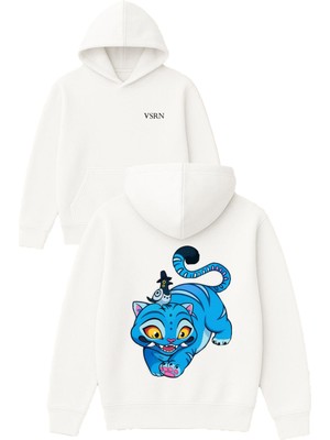 Vsrn Mavi Kedi Anime Tasarım Baskılı Oversize Beyaz Kapüşonlu Sweatshirt