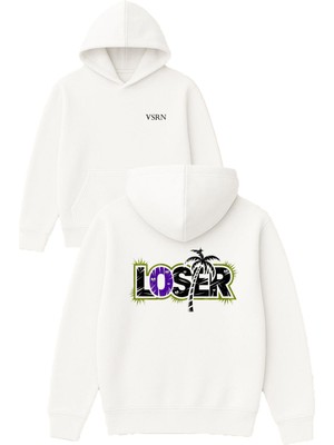 Vsrn Loser Tasarım Baskılı Oversize Beyaz Kapüşonlu Sweatshirt