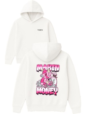 Vsrn Makın Money Tasarım Baskılı Oversize Beyaz Kapüşonlu Sweatshirt