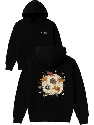 Vsrn Ejderhalar Kavgada Tasarım Baskılı Oversize Siyah Kapüşonlu Sweatshirt