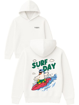 Vsrn Surf Day Tasarım Baskılı Oversize Beyaz Kapüşonlu Sweatshirt