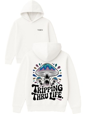Vsrn Tripping Thru Tasarım Baskılı Oversize Beyaz Kapüşonlu Sweatshirt