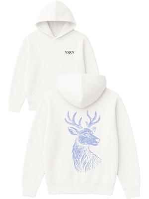 Vsrn Taş Detaylı Geyik Tasarım Baskılı Oversize Beyaz Kapüşonlu Sweatshirt