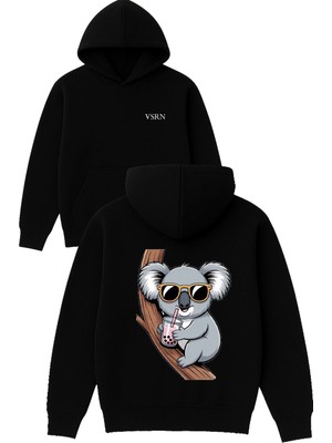 Vsrn Kuala Dalda Tasarım Baskılı Oversize Siyah Kapüşonlu Sweatshirt