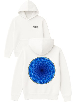 Vsrn Mavi Delik Tasarım Baskılı Oversize Beyaz Kapüşonlu Sweatshirt