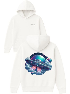 Vsrn Ufo Aracı Tasarım Baskılı Oversize Beyaz Kapüşonlu Sweatshirt