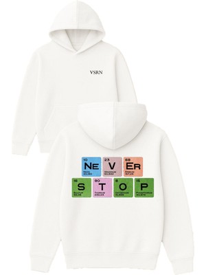 Vsrn Never Stop Tasarım Baskılı Oversize Beyaz Kapüşonlu Sweatshirt