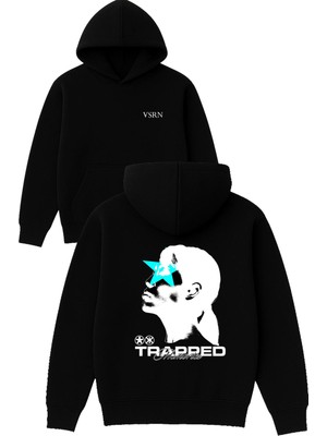 Vsrn Trapped Tasarım Baskılı Oversize Siyah Kapüşonlu Sweatshirt