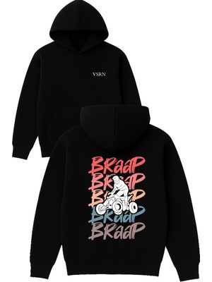 Vsrn Braap Braap Motor Tasarım Baskılı Oversize Siyah Kapüşonlu Sweatshirt