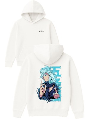 Vsrn Mavi Anime Tasarım Baskılı Oversize Beyaz Kapüşonlu Sweatshirt