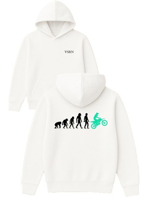 Vsrn Motorcu Evrimi Tasarım Baskılı Oversize Beyaz Kapüşonlu Sweatshirt