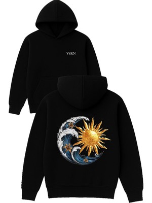 Vsrn Dalga Yıldız Tasarım Baskılı Oversize Siyah Kapüşonlu Sweatshirt