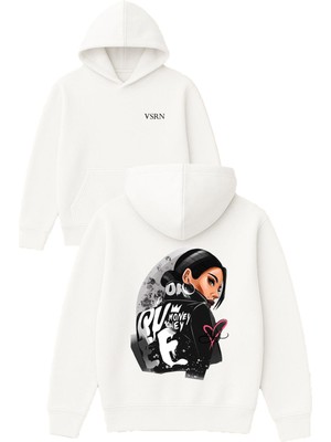 Vsrn Asil Kadın Tasarım Baskılı Oversize Beyaz Kapüşonlu Sweatshirt