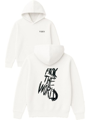 Vsrn Fck The World Tasarım Baskılı Oversize Beyaz Kapüşonlu Sweatshirt