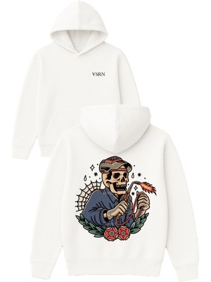 Vsrn Kaynakçı Iskelet Tasarım Baskılı Oversize Beyaz Kapüşonlu Sweatshirt
