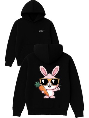 Vsrn Havuç Yiyen Tavşan Tasarım Baskılı Oversize Siyah Kapüşonlu Sweatshirt