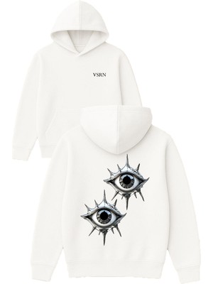 Vsrn Iki Göz Tasarım Baskılı Oversize Beyaz Kapüşonlu Sweatshirt