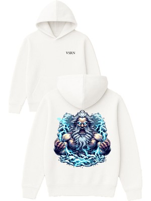 Vsrn Elektrik Tasarım Baskılı Oversize Beyaz Kapüşonlu Sweatshirt