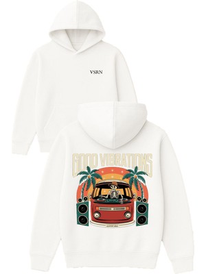 Vsrn Good Vıbratıons Tasarım Baskılı Oversize Beyaz Kapüşonlu Sweatshirt