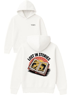 Vsrn Lost In Storıes Tasarım Baskılı Oversize Beyaz Kapüşonlu Sweatshirt