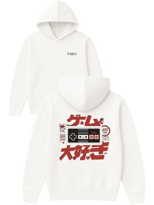 Vsrn Oyun Konsolu Tasarım Baskılı Oversize Beyaz Kapüşonlu Sweatshirt