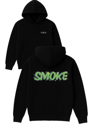 Vsrn Yeşil Duman Tasarım Baskılı Oversize Siyah Kapüşonlu Sweatshirt