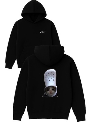 Vsrn Terlikli Üzgün Kedi Tasarım Baskılı Oversize Siyah Kapüşonlu Sweatshirt