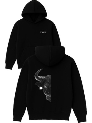 Vsrn Boğa Tasarım Baskılı Oversize Siyah Kapüşonlu Sweatshirt