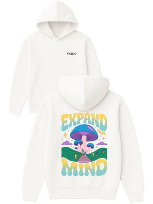 Vsrn Expand Mınd Tasarım Baskılı Oversize Beyaz Kapüşonlu Sweatshirt