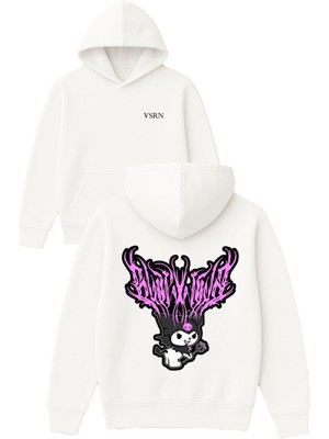 Vsrn Cadı Kedi Tasarım Baskılı Oversize Beyaz Kapüşonlu Sweatshirt