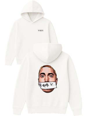 Vsrn My Name Tasarım Baskılı Oversize Beyaz Kapüşonlu Sweatshirt