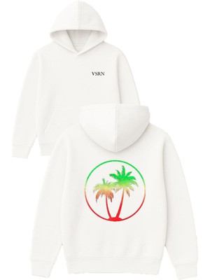 Vsrn Palmiye Ağacı Tasarım Baskılı Oversize Beyaz Kapüşonlu Sweatshirt