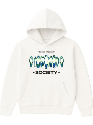 Vsrn Socıal Problem Tasarım Baskılı Oversize Beyaz Kapüşonlu Sweatshirt