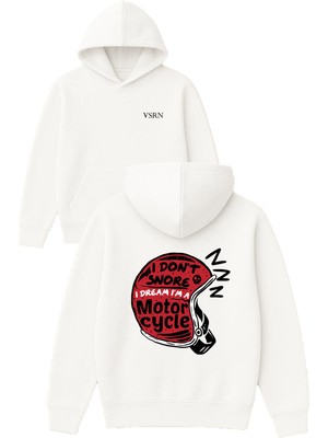 Vsrn Motorcycle Snore Tasarım Baskılı Oversize Beyaz Kapüşonlu Sweatshirt