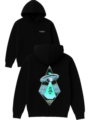Vsrn 6 Gen Ufo Tasarım Baskılı Oversize Siyah Kapüşonlu Sweatshirt