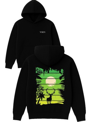 Vsrn Alageyik Tasarım Baskılı Oversize Siyah Kapüşonlu Sweatshirt