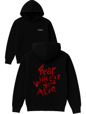 Vsrn Fear Wıll Tasarım Baskılı Oversize Siyah Kapüşonlu Sweatshirt