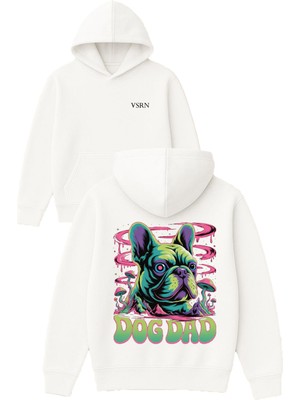 Vsrn Pug Robot Tasarım Baskılı Oversize Beyaz Kapüşonlu Sweatshirt