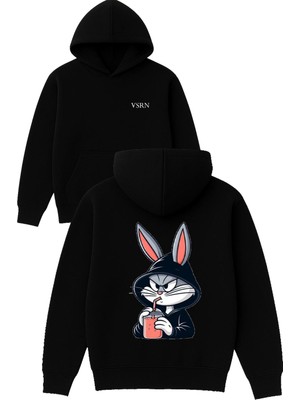 Vsrn Kahve Içen Tavşan Tasarım Baskılı Oversize Siyah Kapüşonlu Sweatshirt