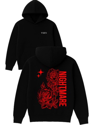Vsrn Gül Nıght Tasarım Baskılı Oversize Siyah Kapüşonlu Sweatshirt