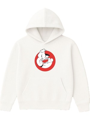 Vsrn Kalp Hayalet Tasarım Baskılı Oversize Beyaz Kapüşonlu Sweatshirt