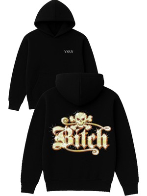 Vsrn Btch Tasarım Baskılı Oversize Siyah Kapüşonlu Sweatshirt