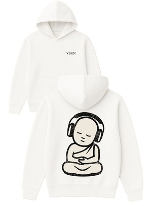 Vsrn Genç Meditasyon Tasarım Baskılı Oversize Beyaz Kapüşonlu Sweatshirt