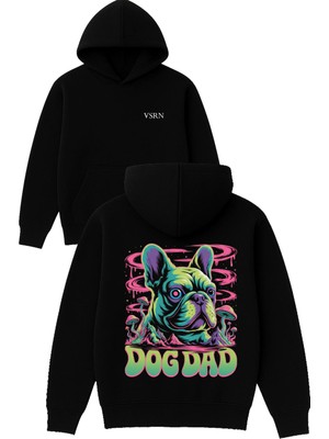 Vsrn Pug Robot Tasarım Baskılı Oversize Siyah Kapüşonlu Sweatshirt