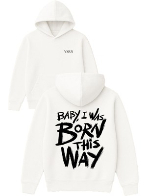 Vsrn Baby I Was Tasarım Baskılı Oversize Beyaz Kapüşonlu Sweatshirt
