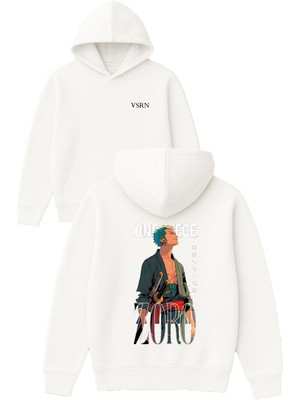 Vsrn Zoro Tasarım Baskılı Oversize Beyaz Kapüşonlu Sweatshirt
